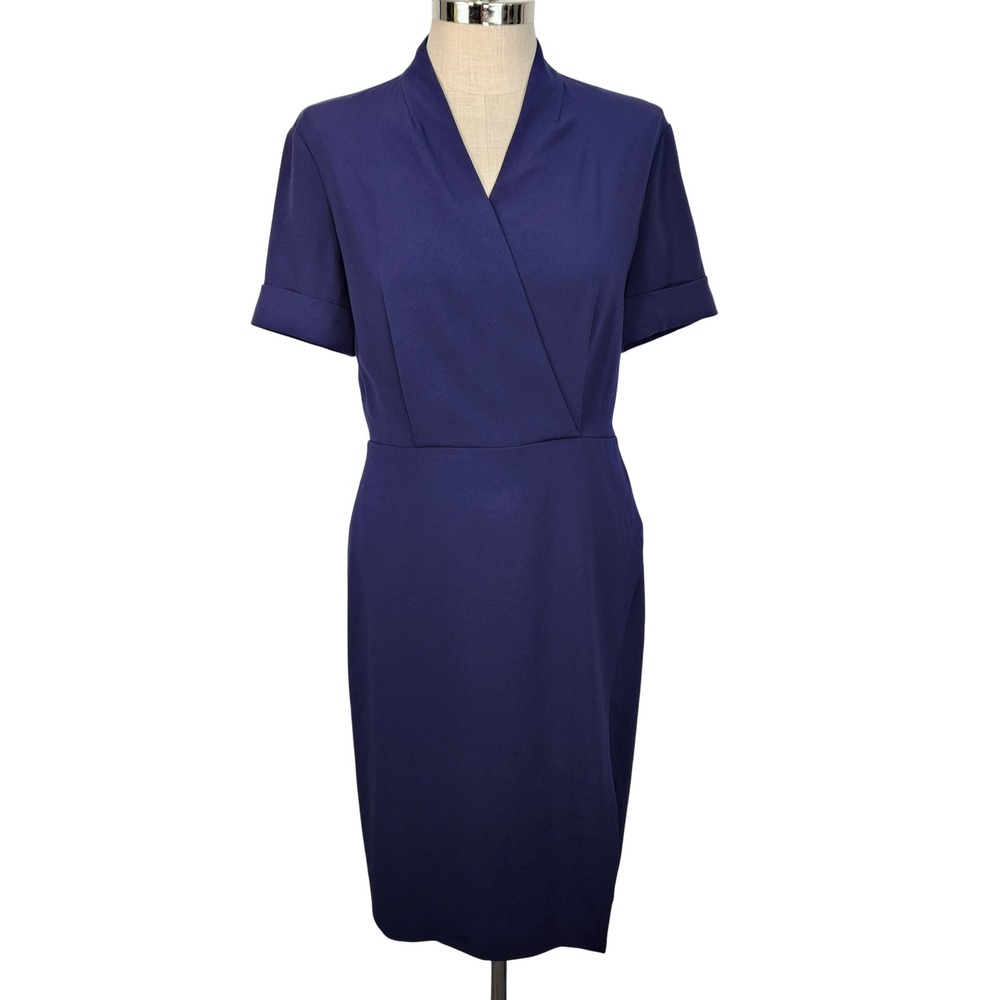 MM‎ LaFleur The Tory Navy Blue Wrap Sheath Dress 10 Short Sleeve Professional